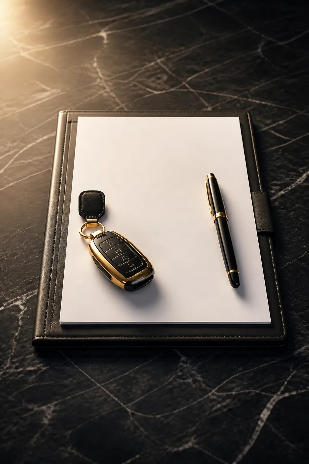 Car finance agreement and keys on a marble desk