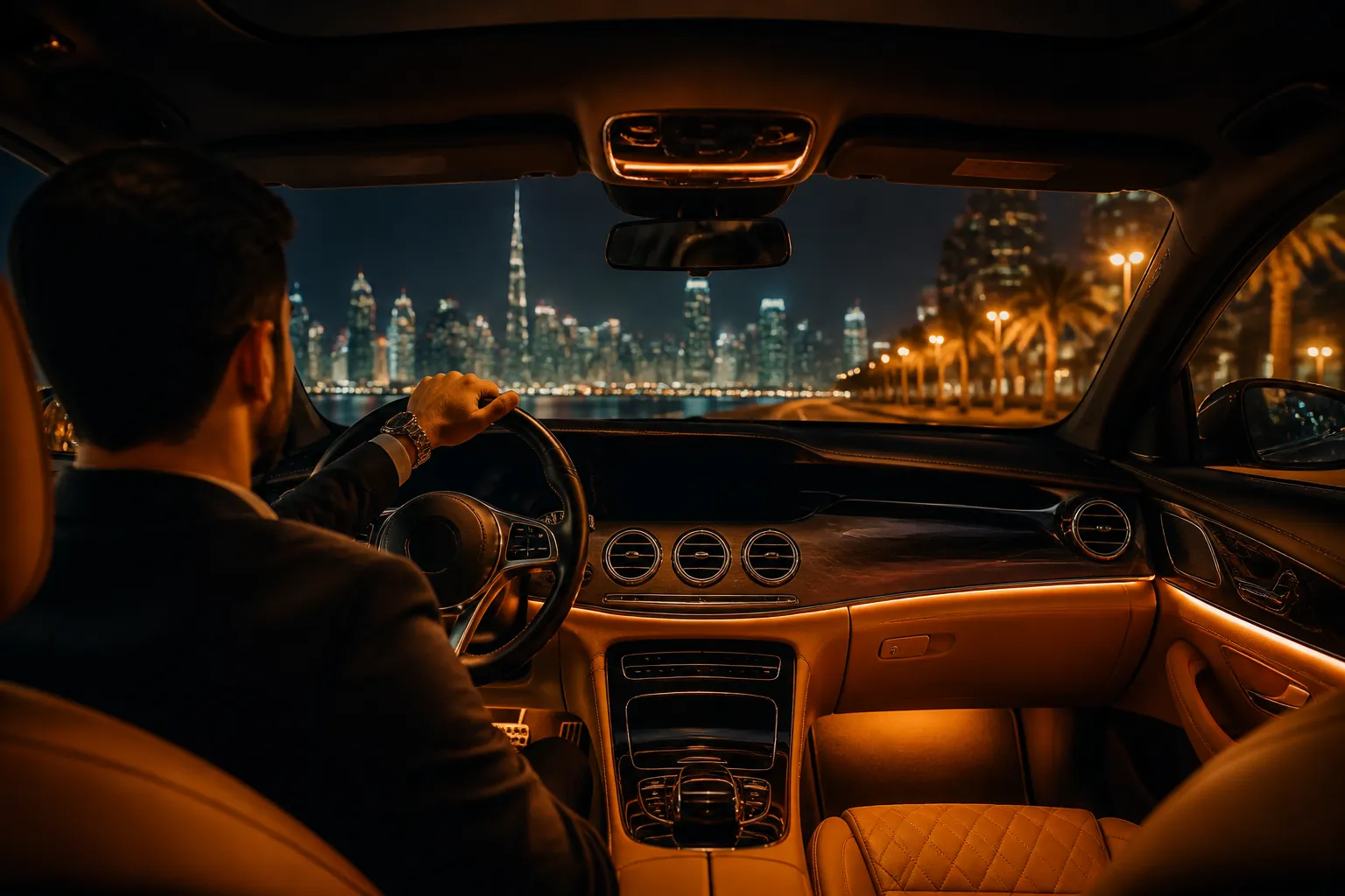 Luxury car interior at night with Dubai city lights